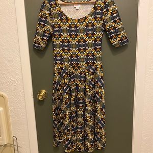 LuLaRoe Amelia Dress in Blue, Purple, White, and Gold Geometric Print Sz S